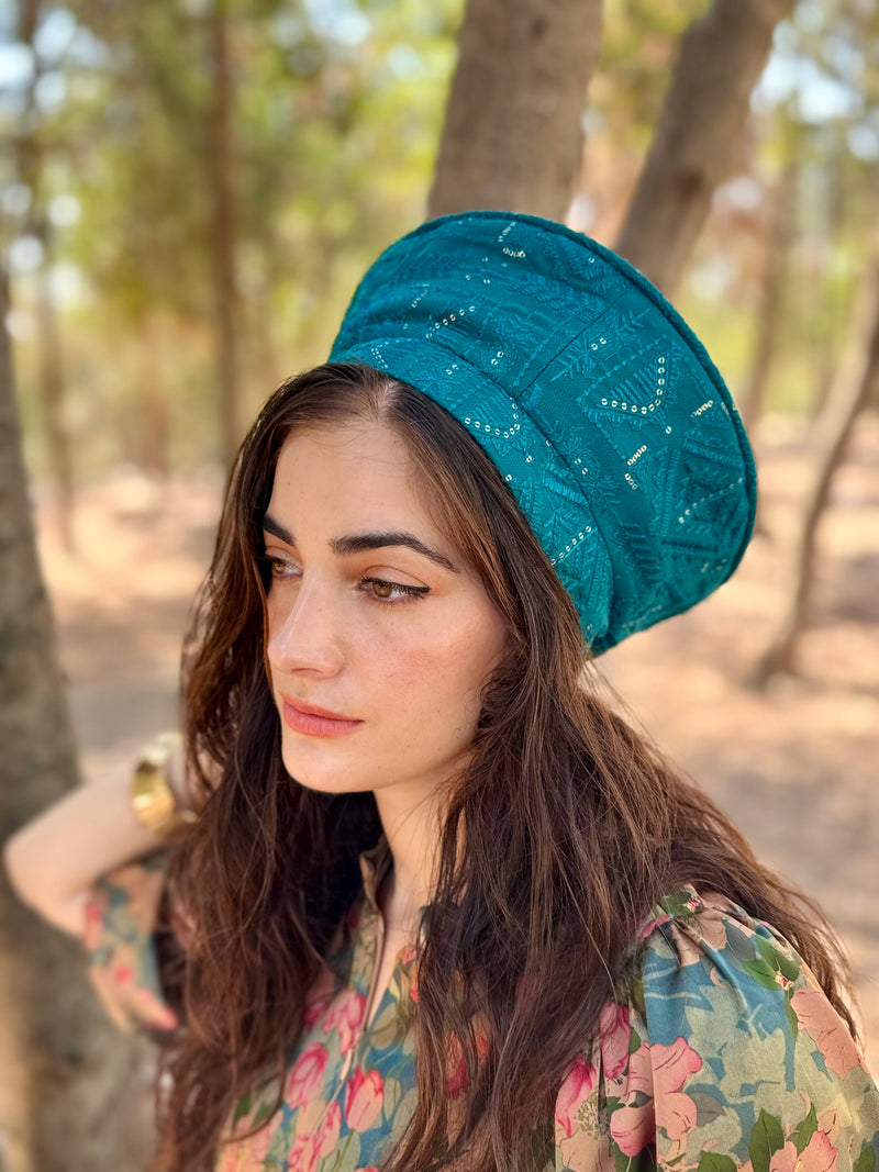 כובע שיק רקום טורקיז (7900037316784)